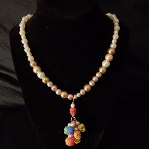 Gold Pearl Skull Dangle Necklace